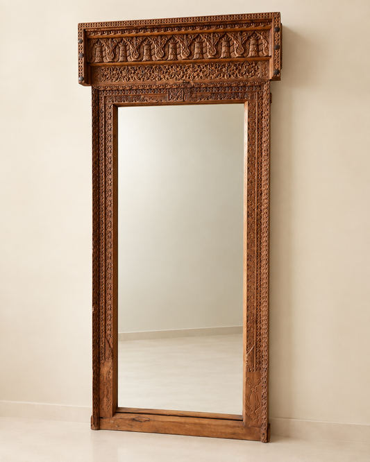 Vintage Architectural Wooden Mirror Frame with Craved Panel
