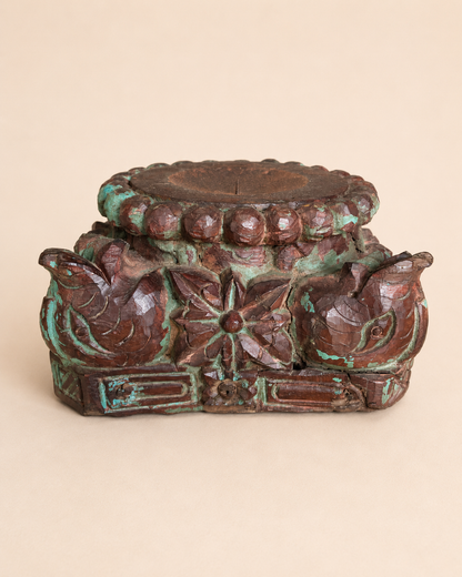 Vintage Distressed Green Hand-Carved Pillar Base Plant, Statue & Candle Stand