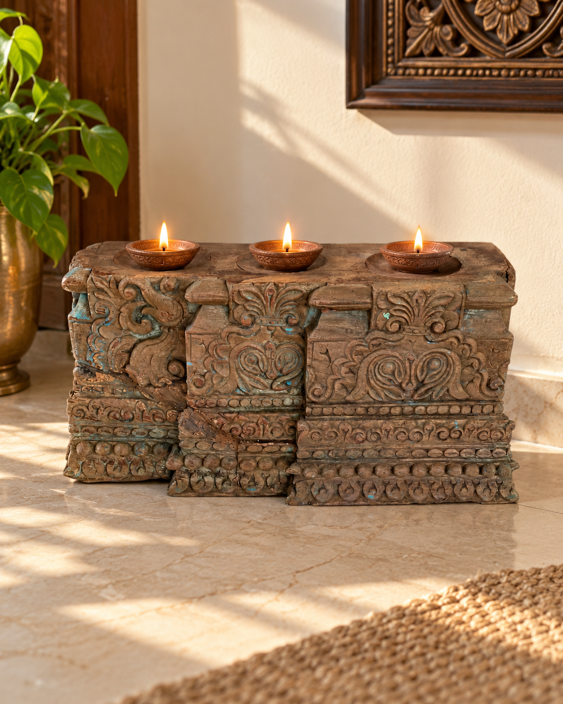 vintage distressed carved triple candle, diya holder / planter
