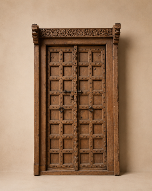 Vintage Hand-Carved Teak Wood Haveli Door