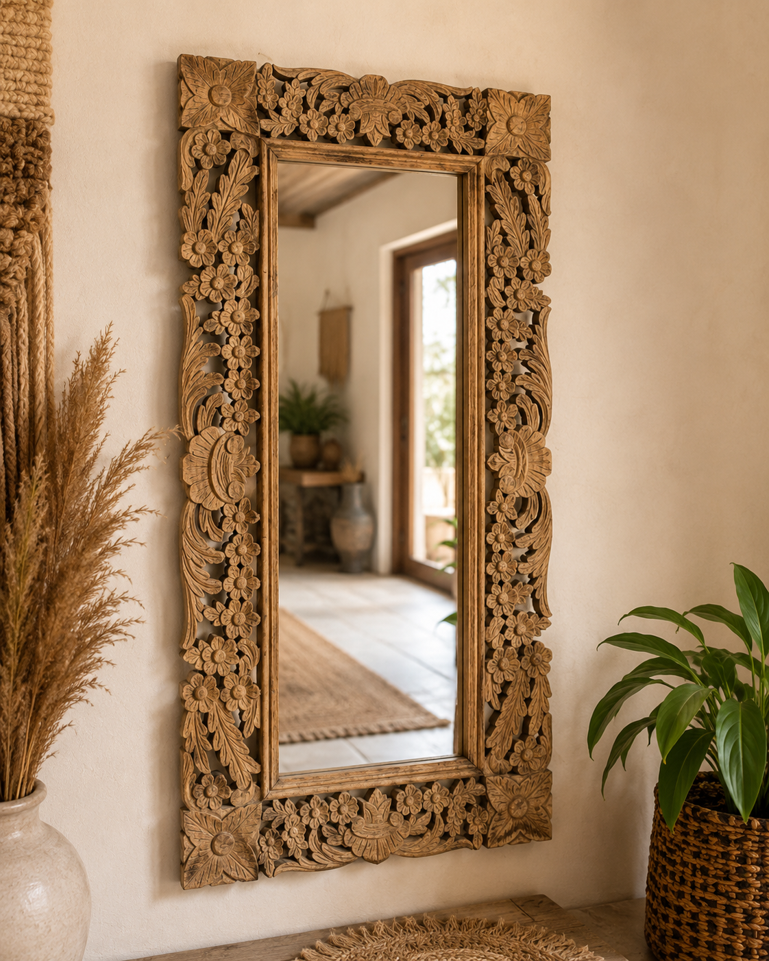 hand-carved floral wooden wall mirror frame – vertical & horizontal hanging