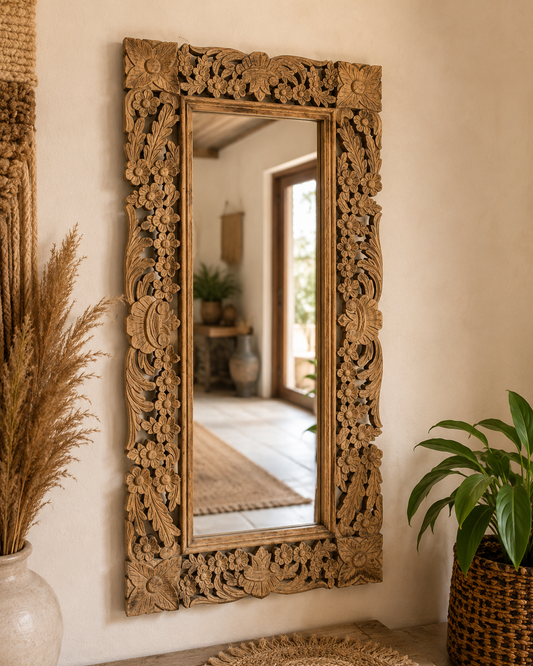 Hand-Carved Floral Wooden Wall Mirror Frame – Vertical & Horizontal Hanging