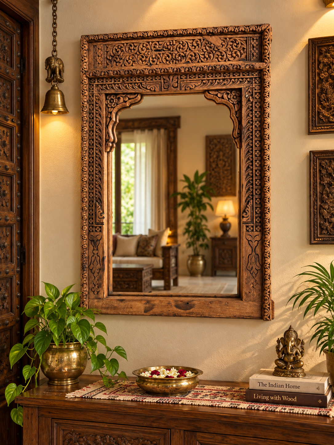 old indian hand-carved mirror frame