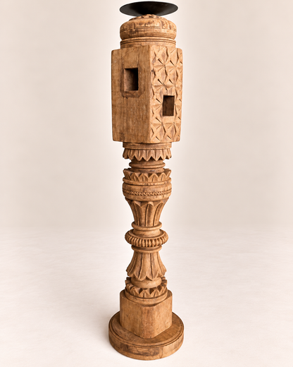 Vintage Carved Wooden Charpai Leg Candle Stand / Statue Holder / Plant Holder - Natural Finish