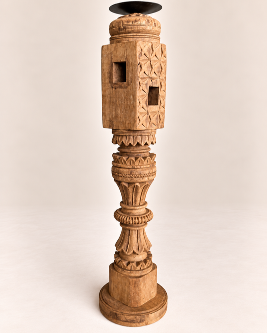 Vintage Carved Wooden Charpai Leg Candle Stand / Statue Holder / Plant Holder - Natural Finish