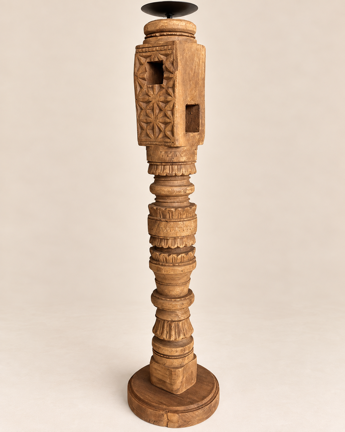 vintage hand-carved wooden charpai leg candle stand – natural wood finish