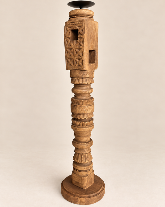 Vintage Hand-Carved Wooden Charpai Leg Candle Stand – Natural Wood Finish