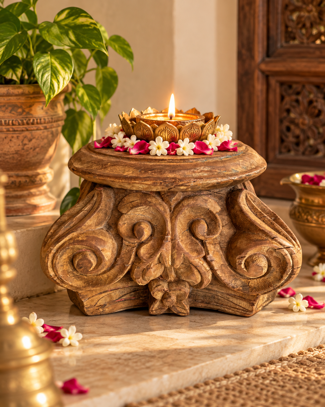 vintage hand-carved wooden pillar base