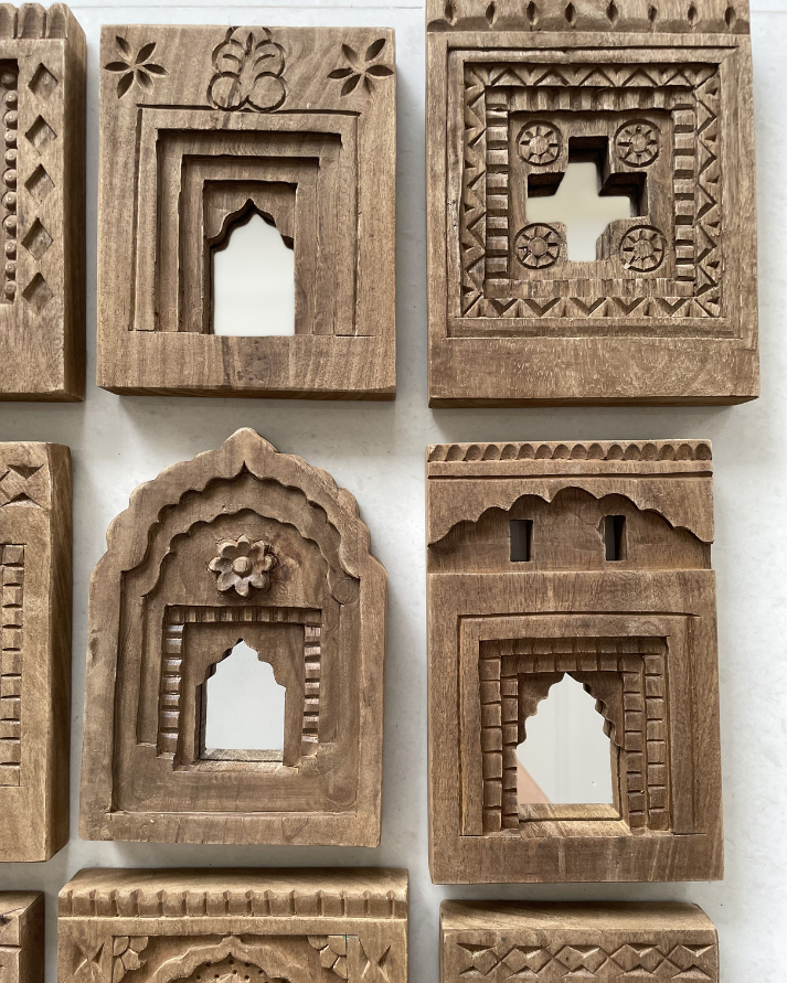 decorative jharokha wooden wall mirror frame (set of 9)