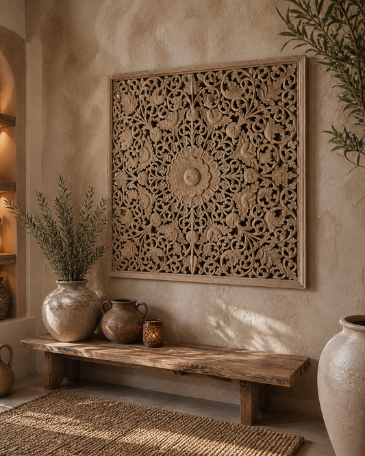 Handcrafted Floral Medallion Wall Panel in Solid Mango Wood