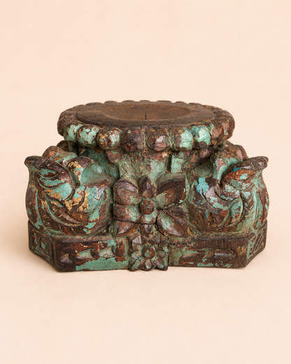 Vintage Distressed Green Hand-Carved Pillar Base Plant, Statue & Candle Stand