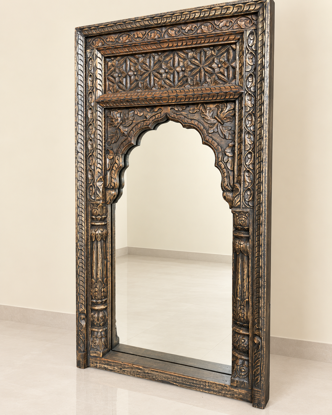 vintage hand-carved wooden mirror frame – charcoal & antique gold finish