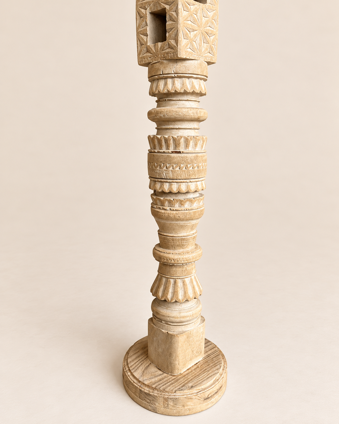 vintage hand-carved wooden charpai leg candle stand – bleach finish