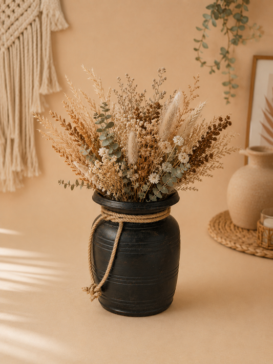 Boho Black Wooden Decorative Pot Vase
