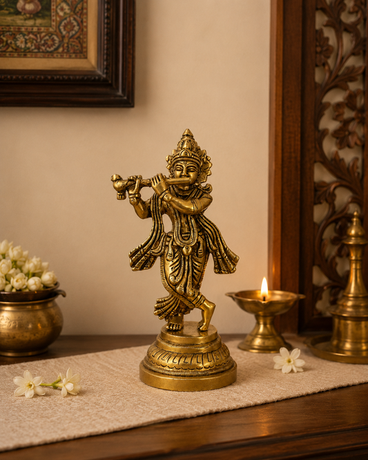Vintage Brass Lord Krishna Playing Flute Decorative Sculpture