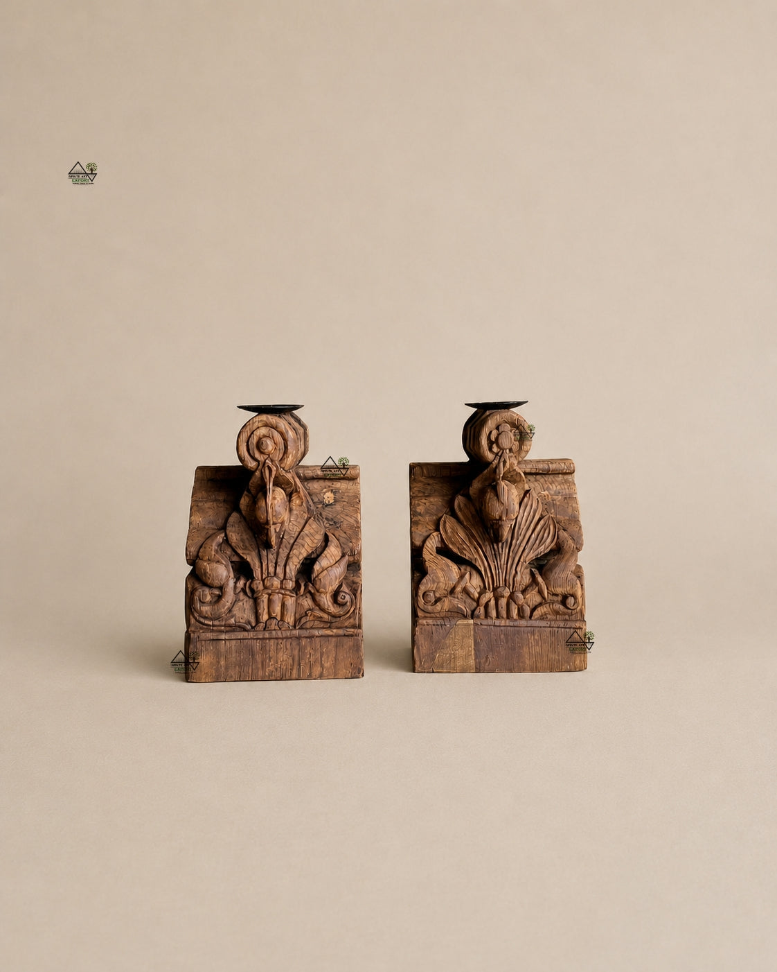 vintage teak wood parrot candle holders – set of 2