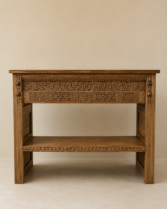 Vintage Hand-Carved Teak Console Table