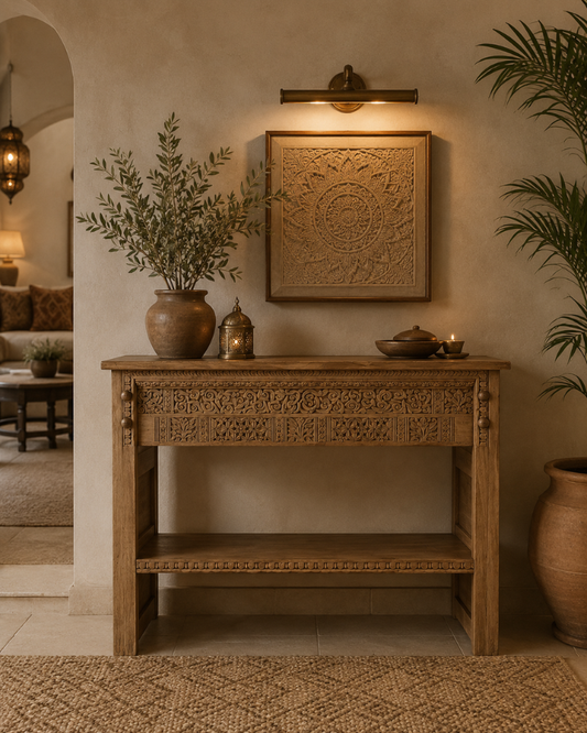 Vintage Hand-Carved Teak Console Table