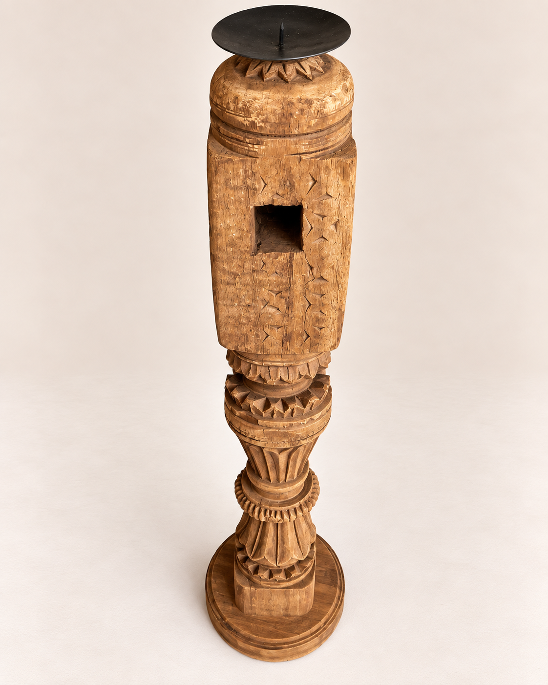 vintage carved wooden charpai leg candle stand / statue holder / plant holder - natural finish