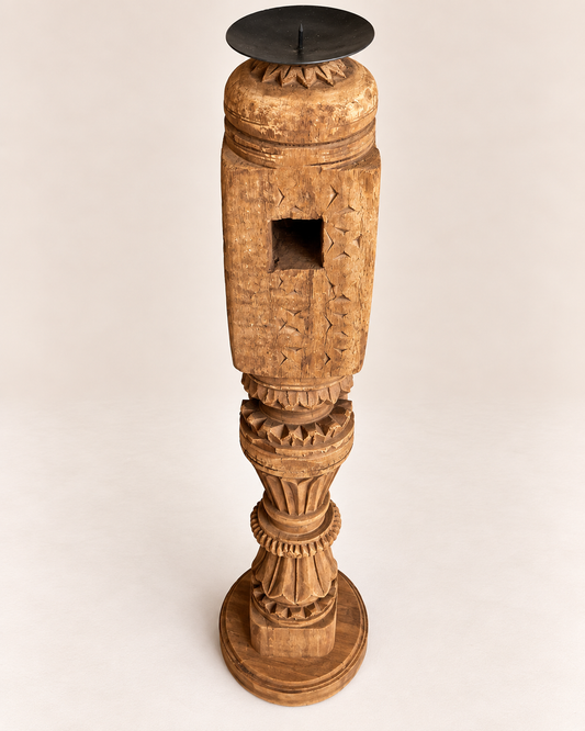 Vintage Carved Wooden Charpai Leg Candle Stand / Statue Holder / Plant Holder - Natural Finish