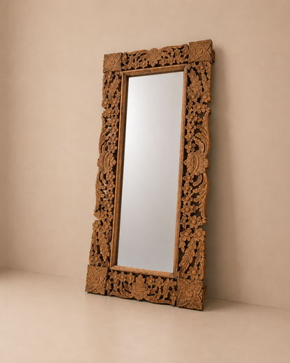 Hand-Carved Floral Wooden Wall Mirror Frame – Vertical & Horizontal Hanging