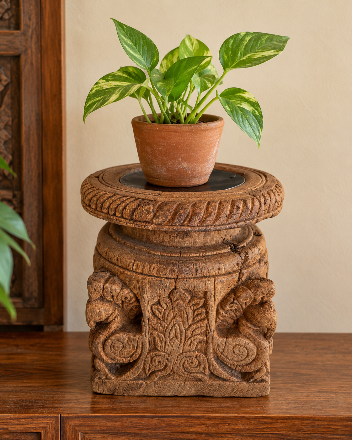 antique hand-carved wooden peacock holder – candle, plant, statue stand