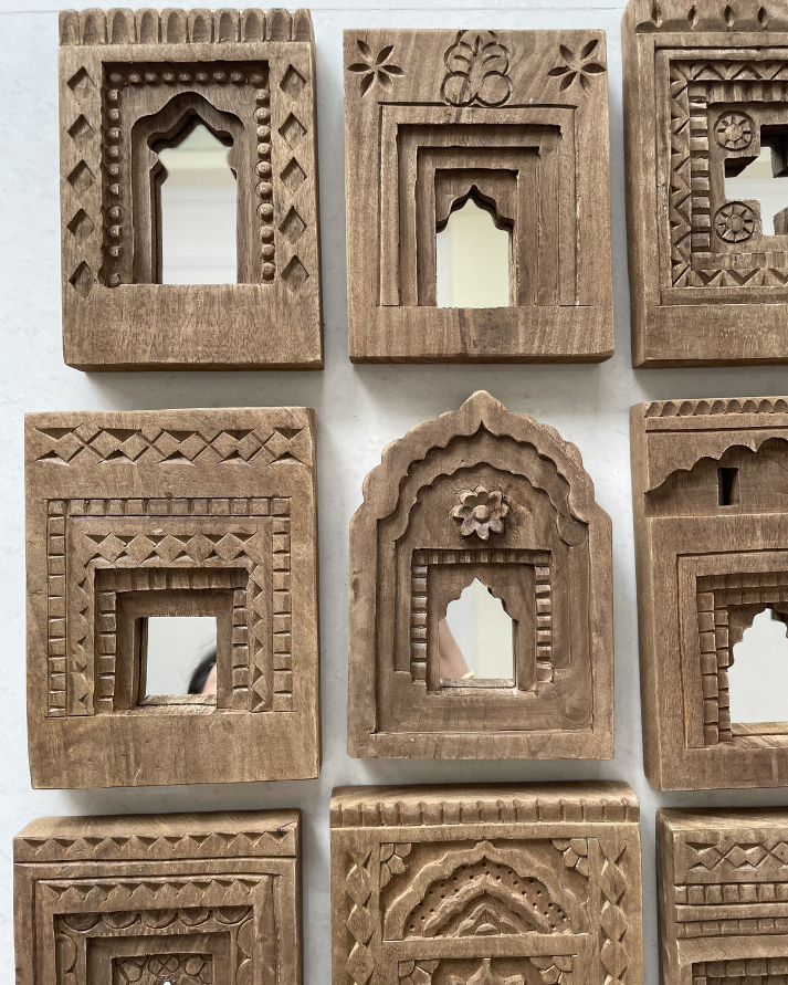 decorative jharokha wooden wall mirror frame (set of 9)