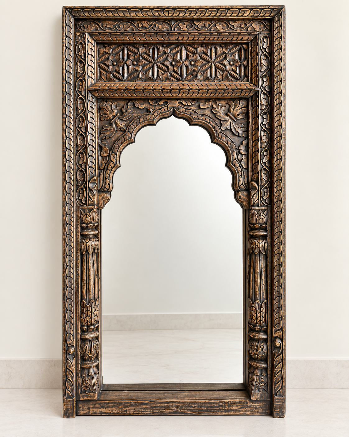 vintage hand-carved wooden mirror frame – charcoal & antique gold finish