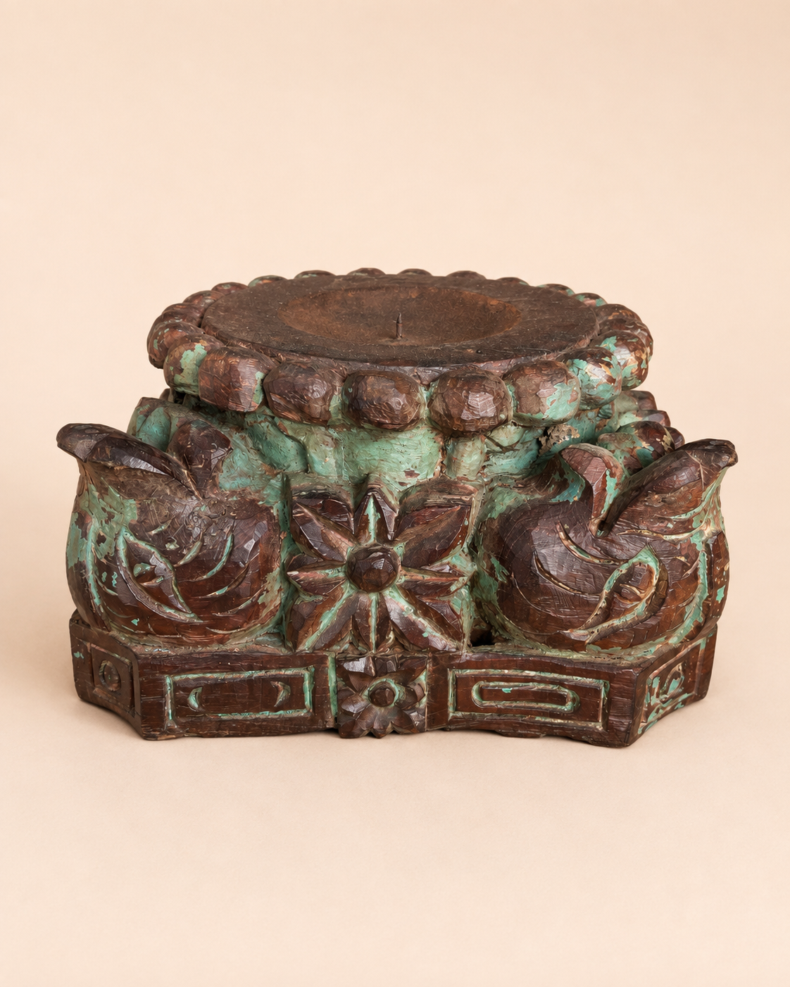 vintage distressed green hand-carved pillar base plant, statue & candle stand