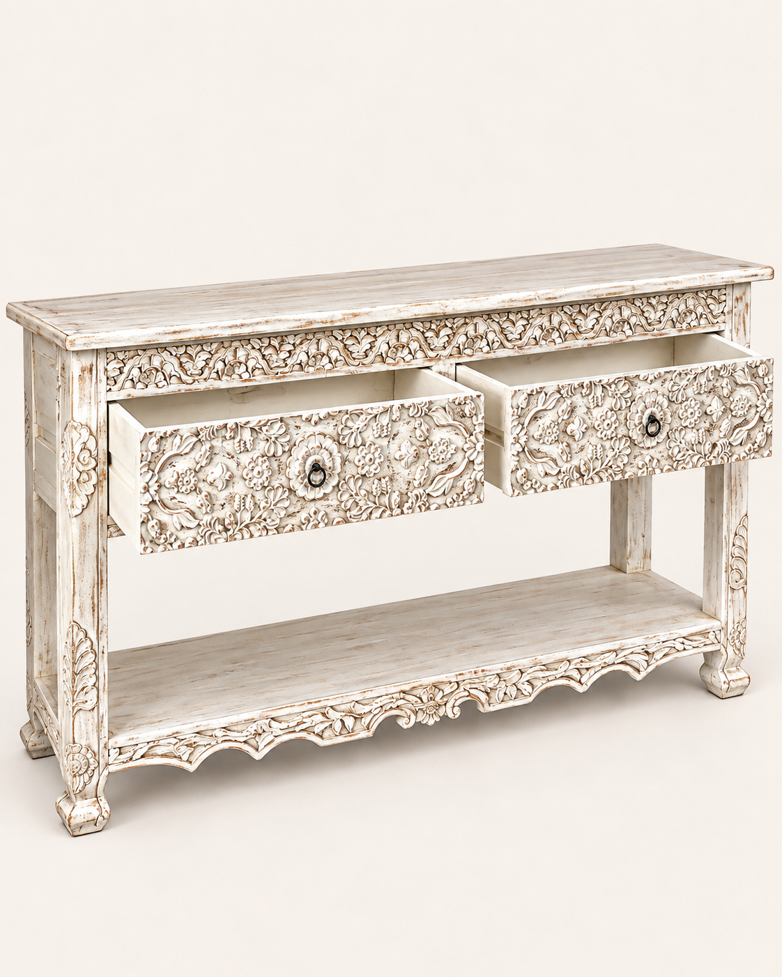 white hand-carved floral wooden console table with drawer