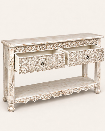 White Hand-Carved Floral Wooden Console Table with Drawer