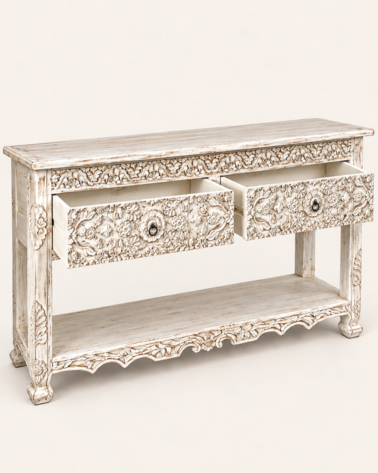 White Hand-Carved Floral Wooden Console Table with Drawer