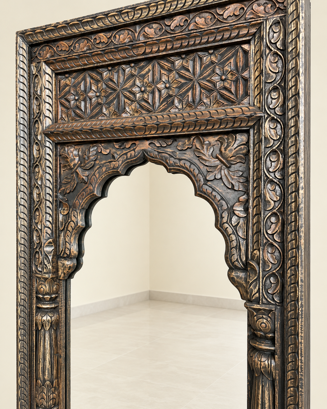 vintage hand-carved wooden mirror frame – charcoal & antique gold finish