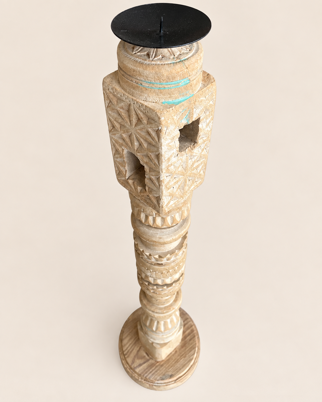 vintage hand-carved wooden charpai leg candle stand – bleach finish
