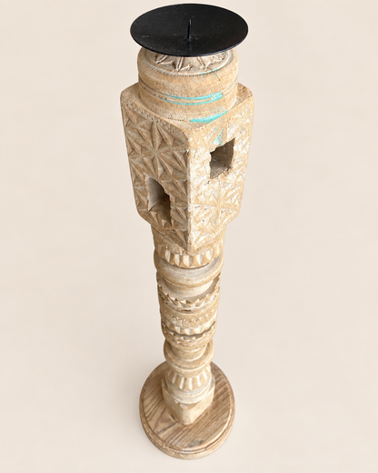 Vintage Hand-Carved Wooden Charpai Leg Candle Stand – Bleach Finish