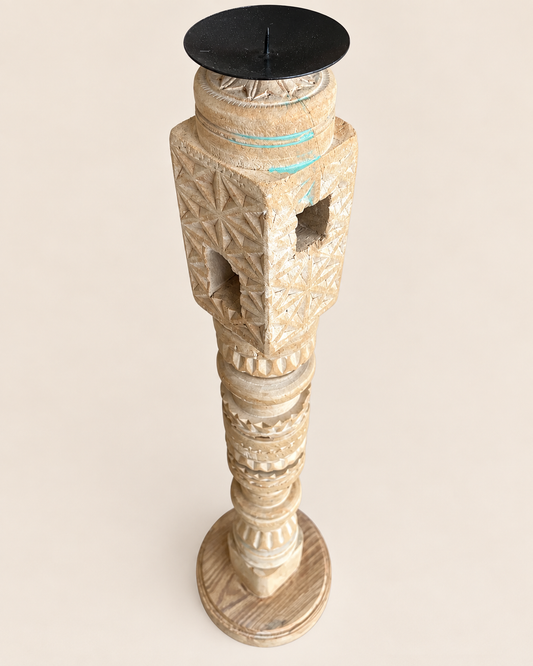 Vintage Hand-Carved Wooden Charpai Leg Candle Stand – Bleach Finish