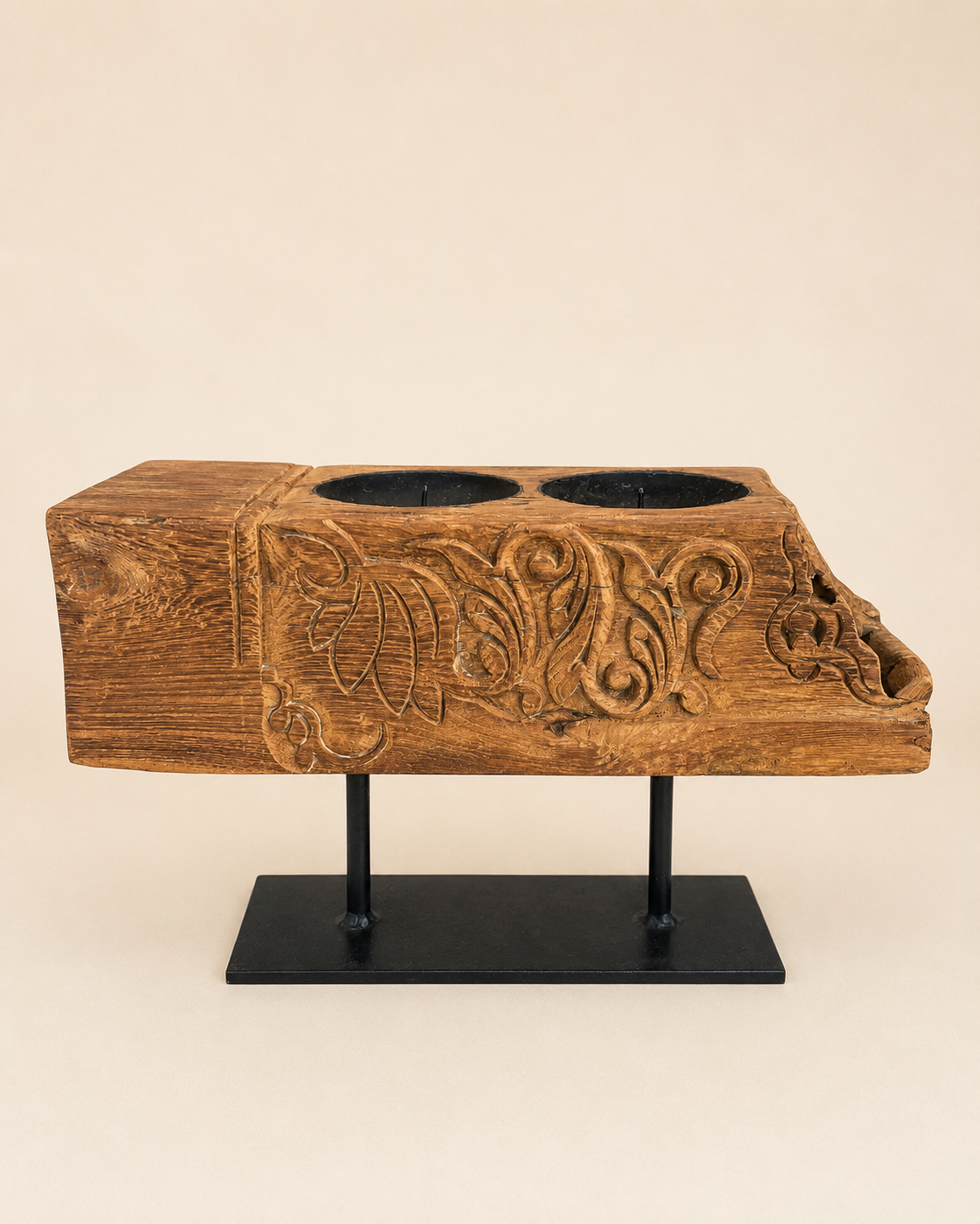 vintage hand-carved teak wood dual candle stand / plant holder / statue holder
