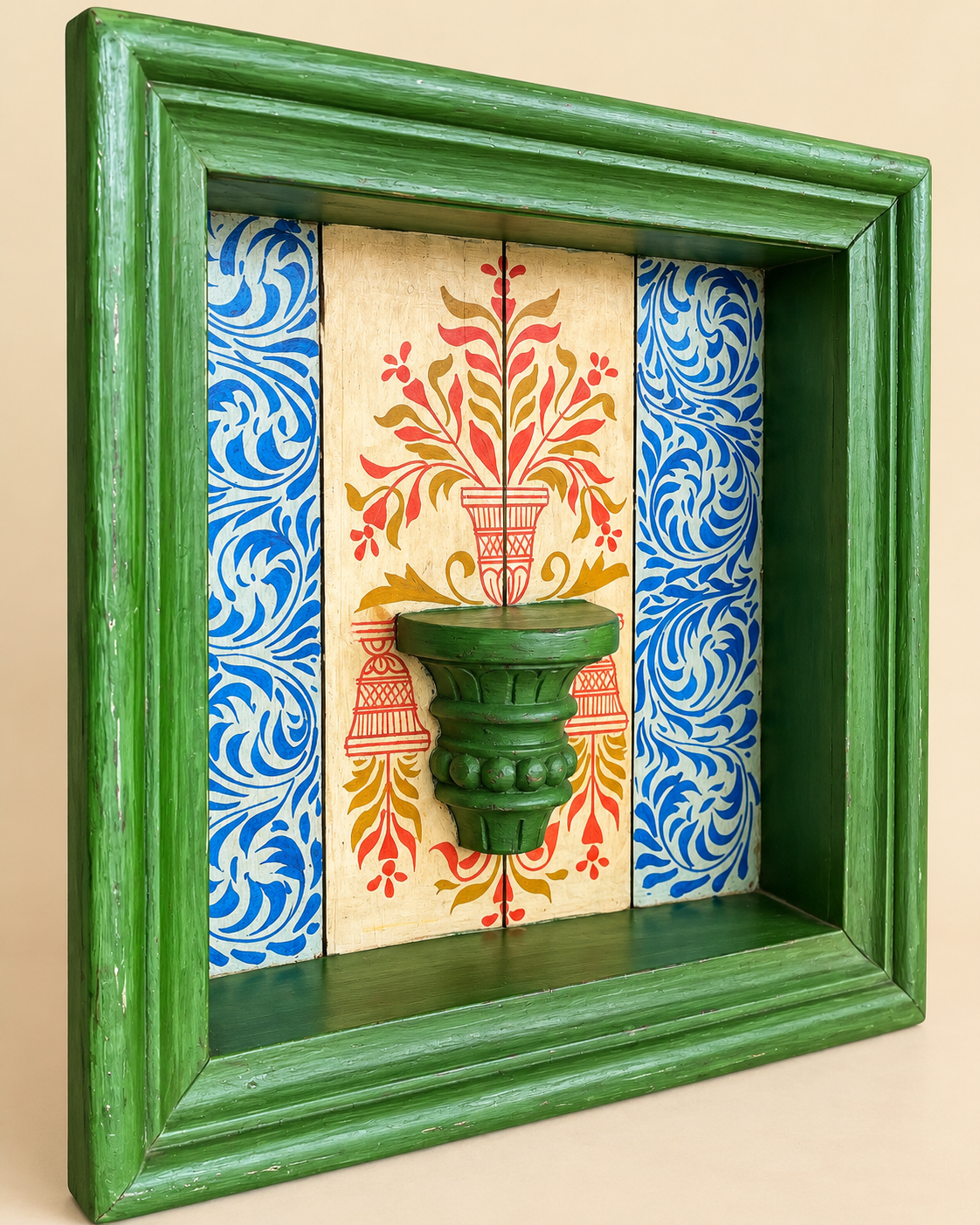 vintage hand-painted wooden jharokha display shelf