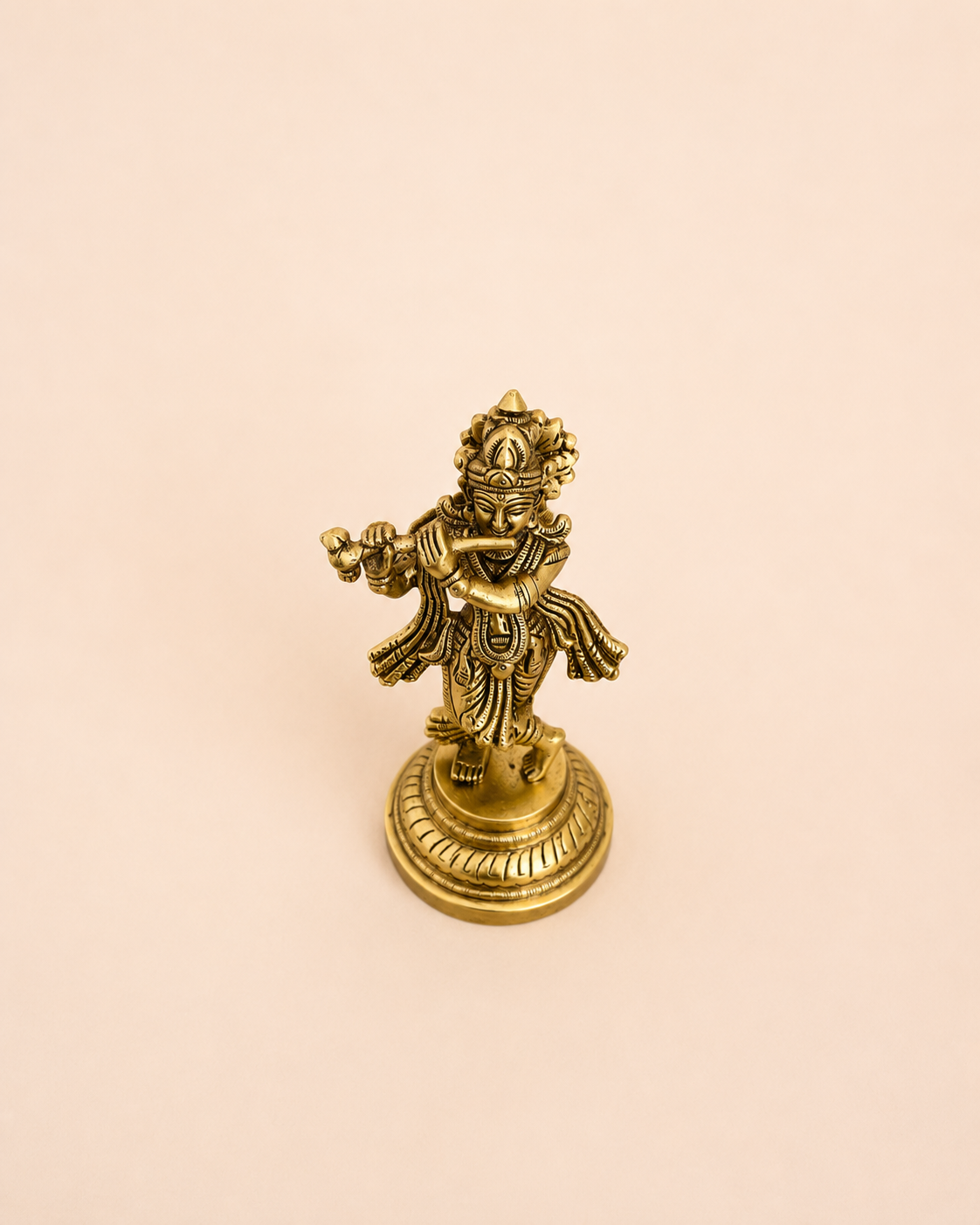 vintage wooden carved base with brass krishna idol / complete set