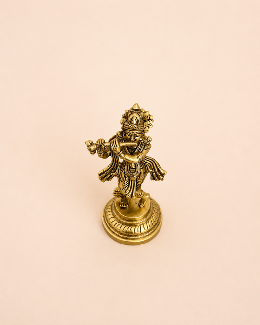 Vintage Wooden Carved Base with Brass Krishna Idol / Complete Set