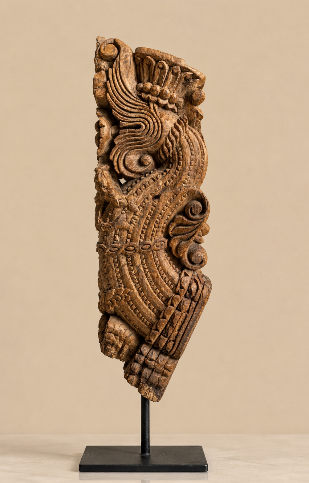 vintage wooden yali bracket sculpture on iron stand