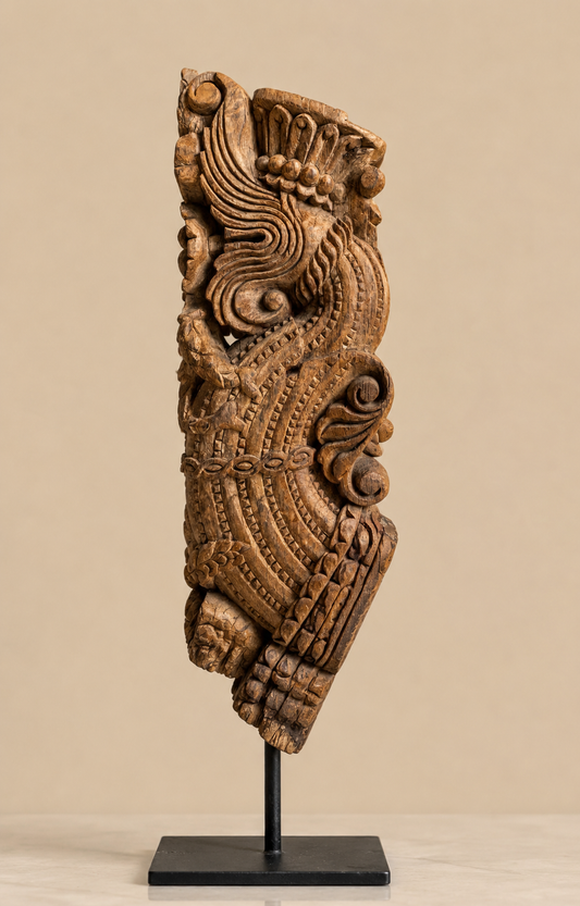 Vintage Wooden Yali Bracket Sculpture on Iron Stand