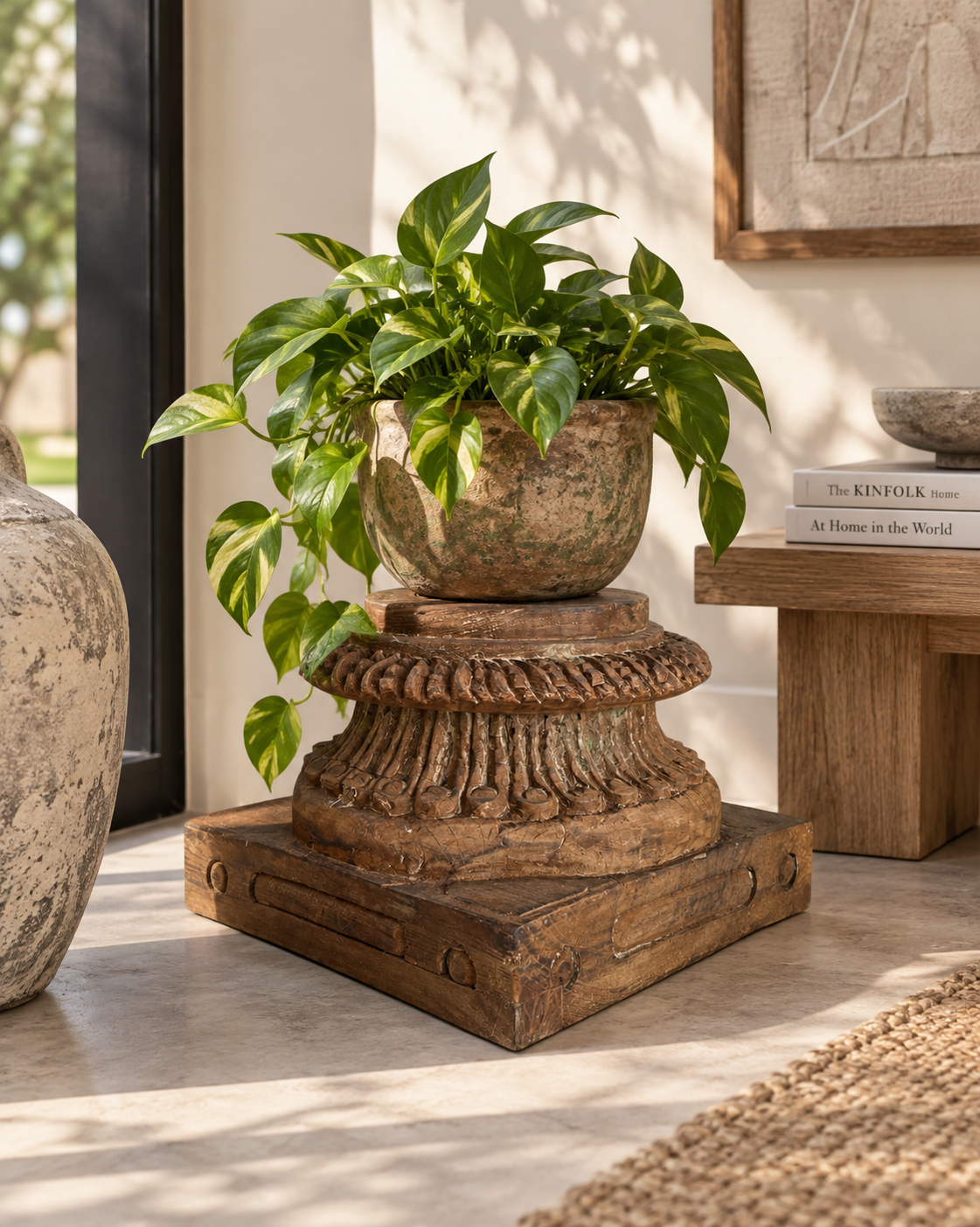 vintage gujarat hand-carved round pillar base candle holder