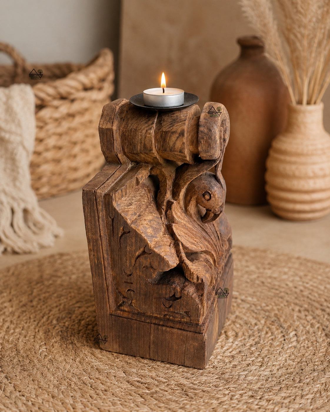 vintage teak wood parrot candle holders – set of 2