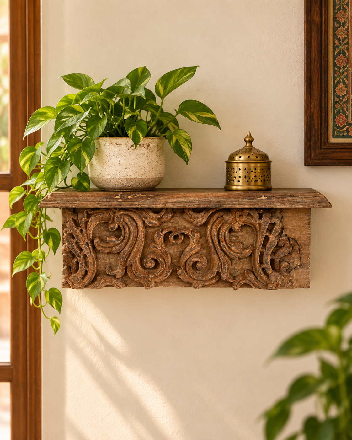 vintage hand-carved scrollwork wooden wall shelf / bracket
