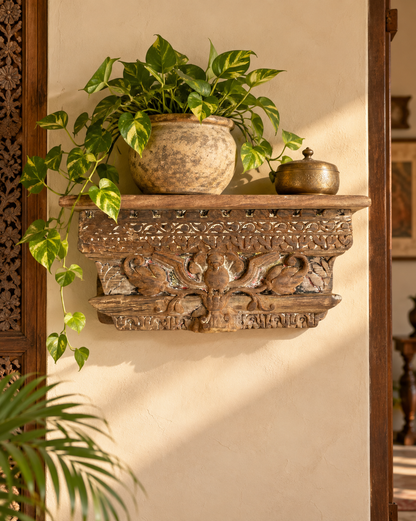 Antique Hand-Carved Floral Bird Motif Wooden Corbel Shelf