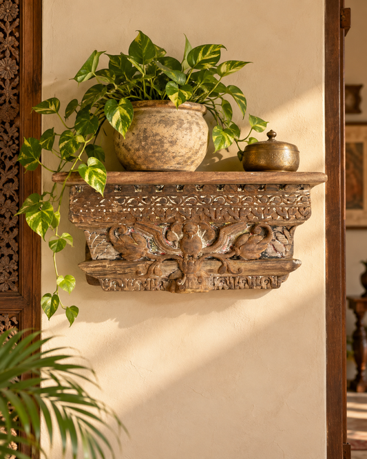 Antique Hand-Carved Floral Bird Motif Wooden Corbel Shelf