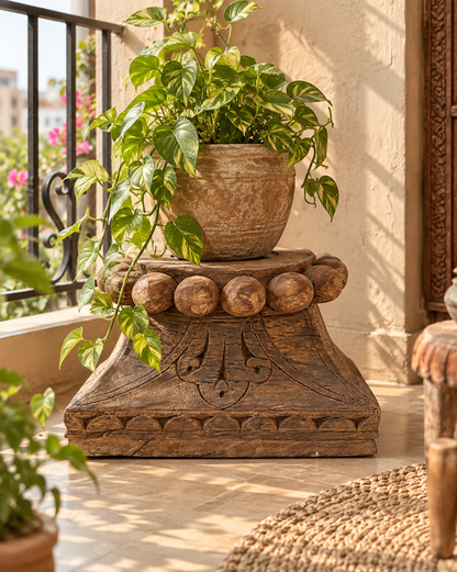 Vintage Hand-Carved Wooden Architectural Pillar Base Candle Holder