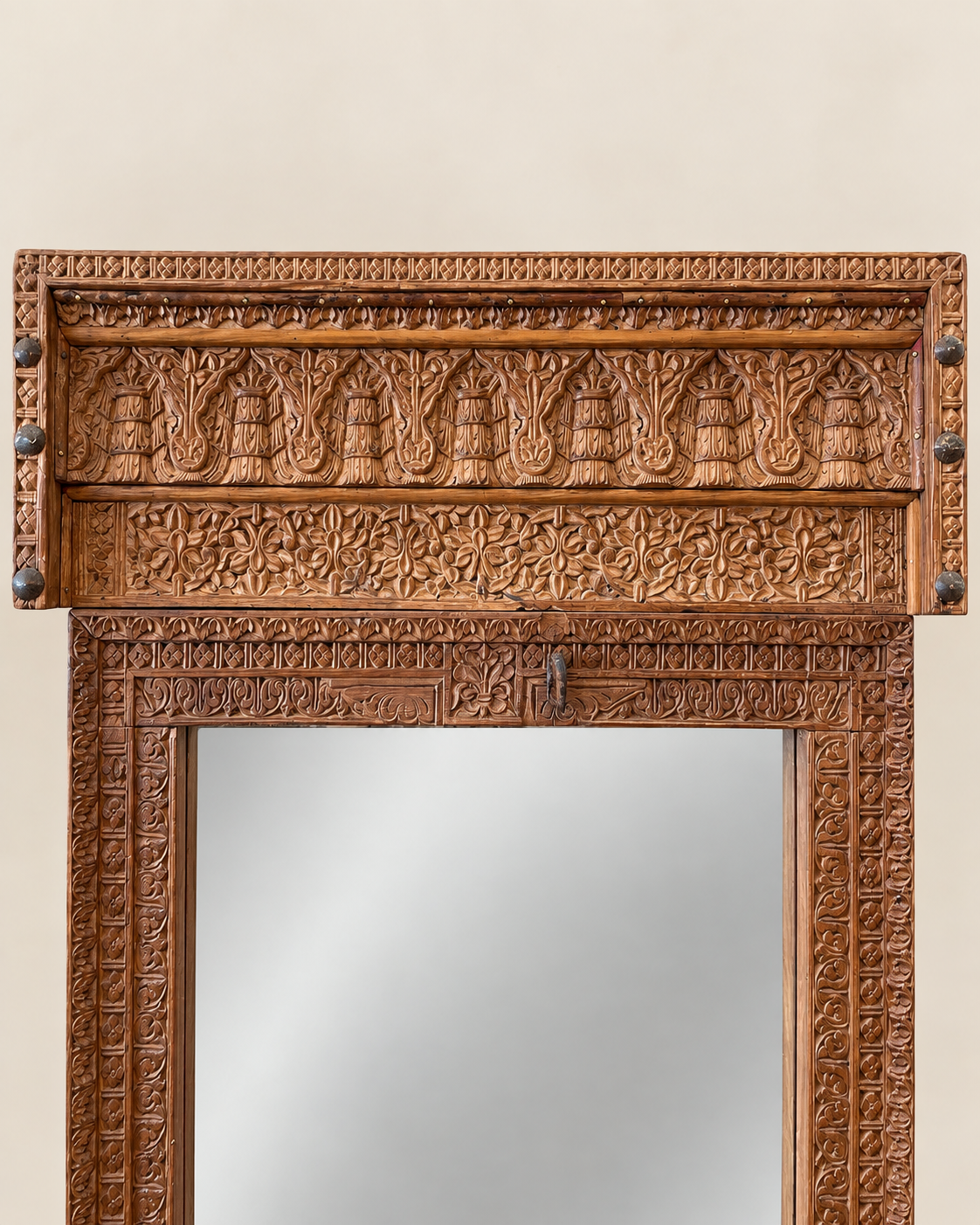 vintage architectural wooden mirror frame with craved panel