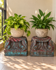 Vintage Distressed Carved Wooden Pillar Base Candle Holders - Set of 2 / Distressed Turquoise Blue & Red Patina Finish